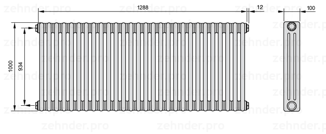 Схема (чертеж) Радиатор Zehnder Charleston 3100/28 №1270 Белый глянцевый RAL 9016
